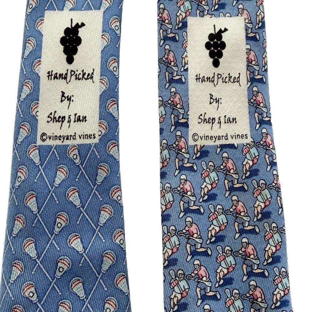 Vineyard Vines Silk Tie Lot Of 2 Mens Blue Lacrosse Sticks Pattern Handmade USA - Picture 5 of 6